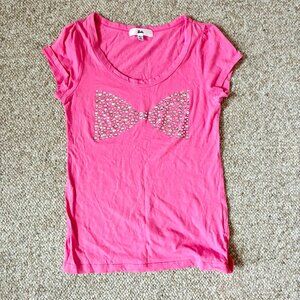 Barbie Japan Pink Cotton Shirt Knit Top Sparkly Silver Bow Women M, US 4 EUR 36
